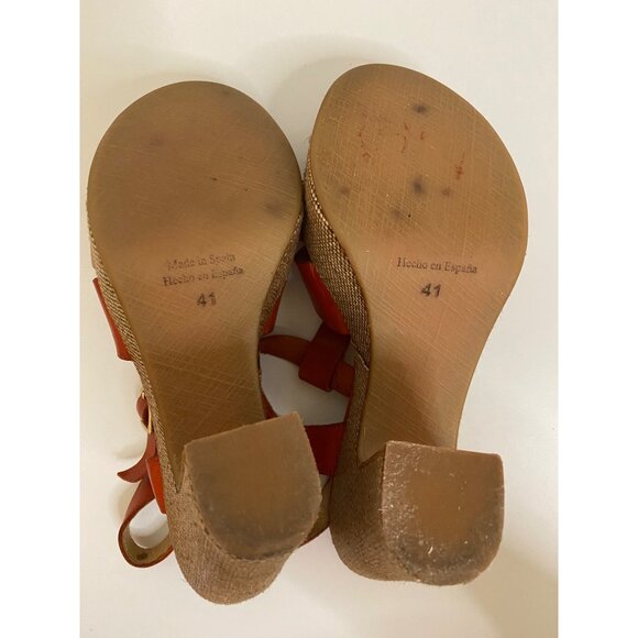 Spanish Leather Stacked Heel Women US 10.5 Sunburst Orange Sandals w/Ankle Strap - Picture 11 of 13